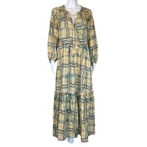 Burning Torch Los Angeles Yellow Blue Plaid Long Sleeve Casual Maxi Dress (Sz L)